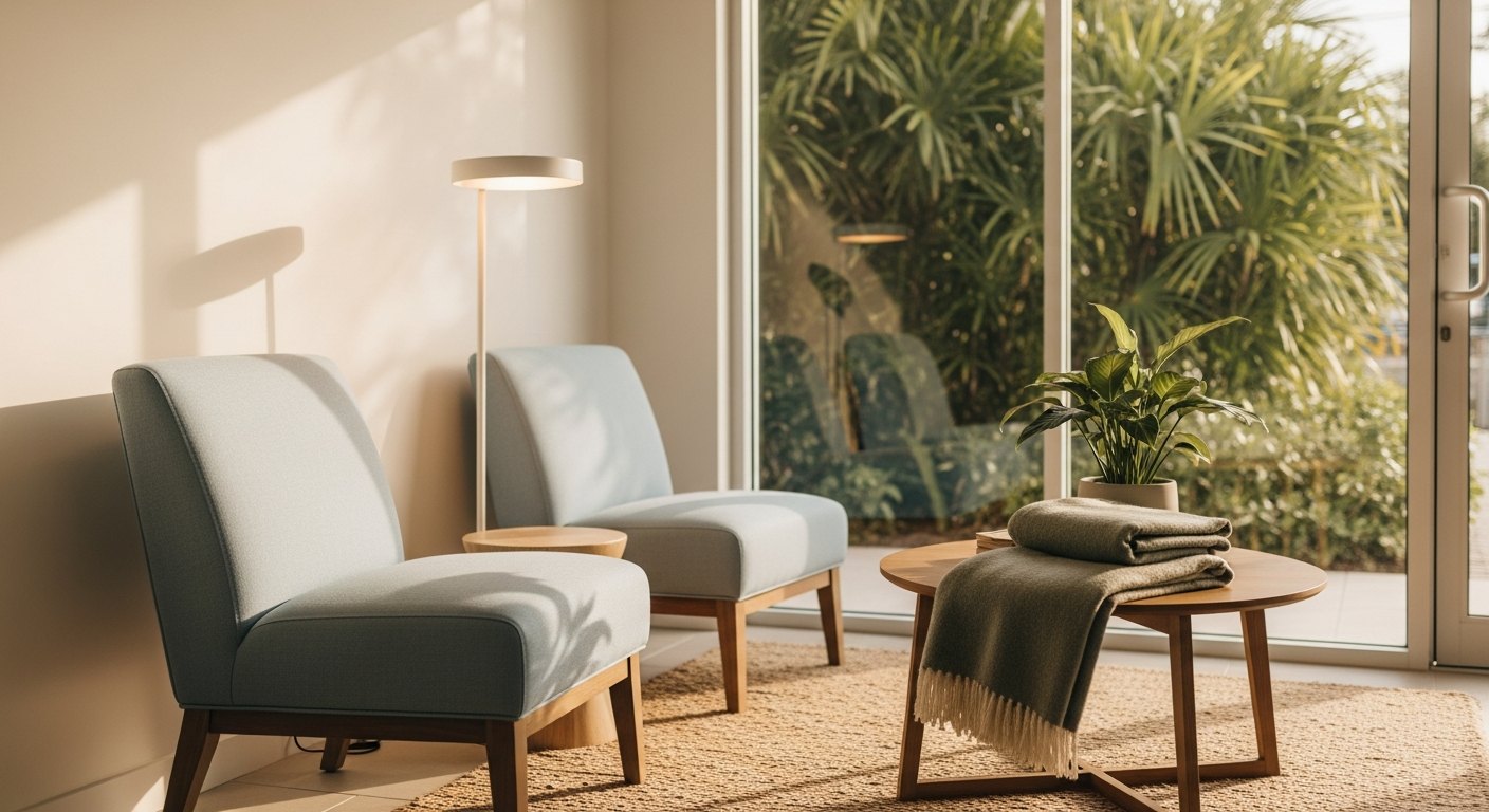 The calm waiting area at Face to Face Psychiatry in Cutler Bay, Florida
