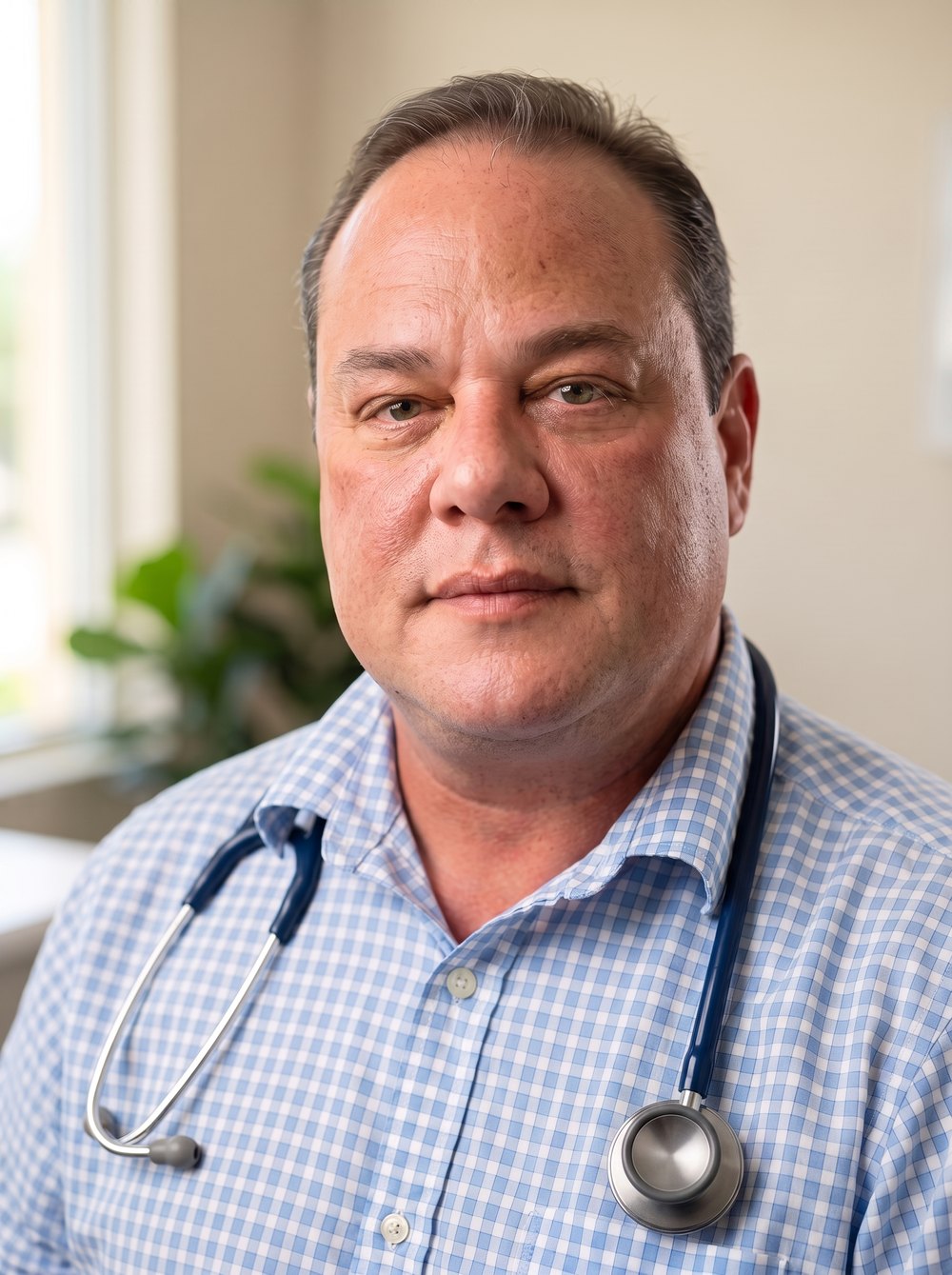 Richard Rizo, DNP, APRN, wearing a stethoscope in the Face to Face Psychiatry consultation office in Cutler Bay, Florida