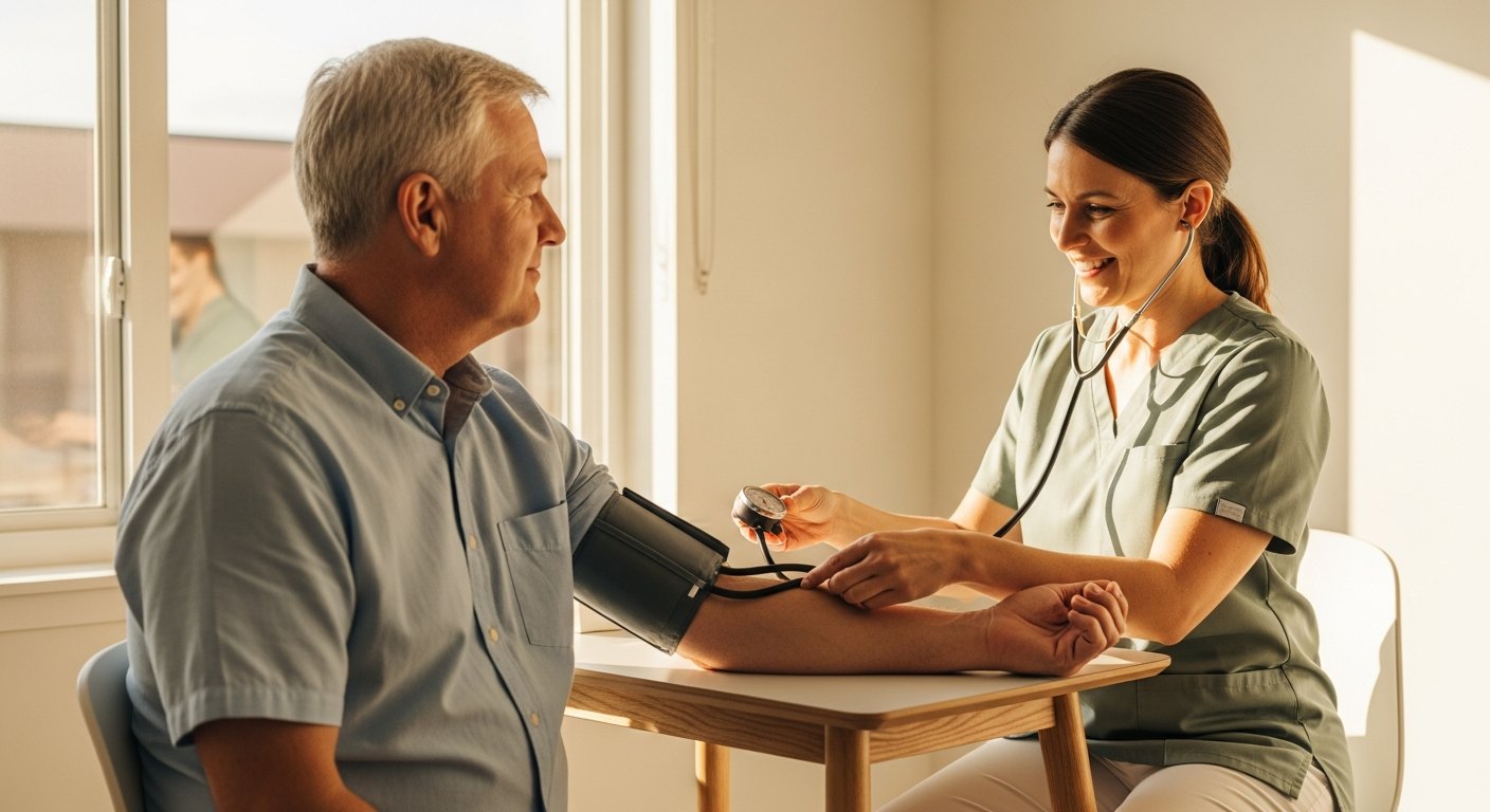 A clinician checking a patient's blood pressure during a family medicine visit