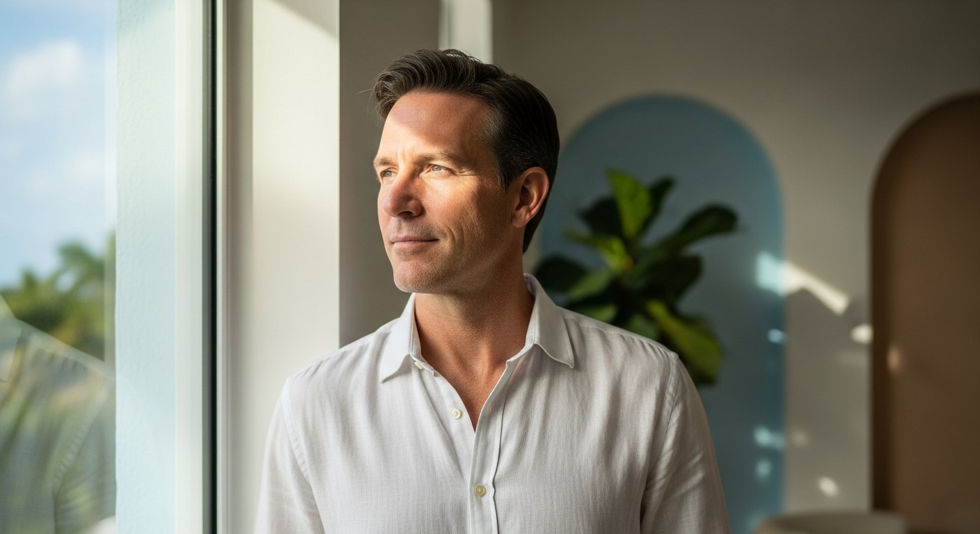 A man in his forties standing calmly by a bright window