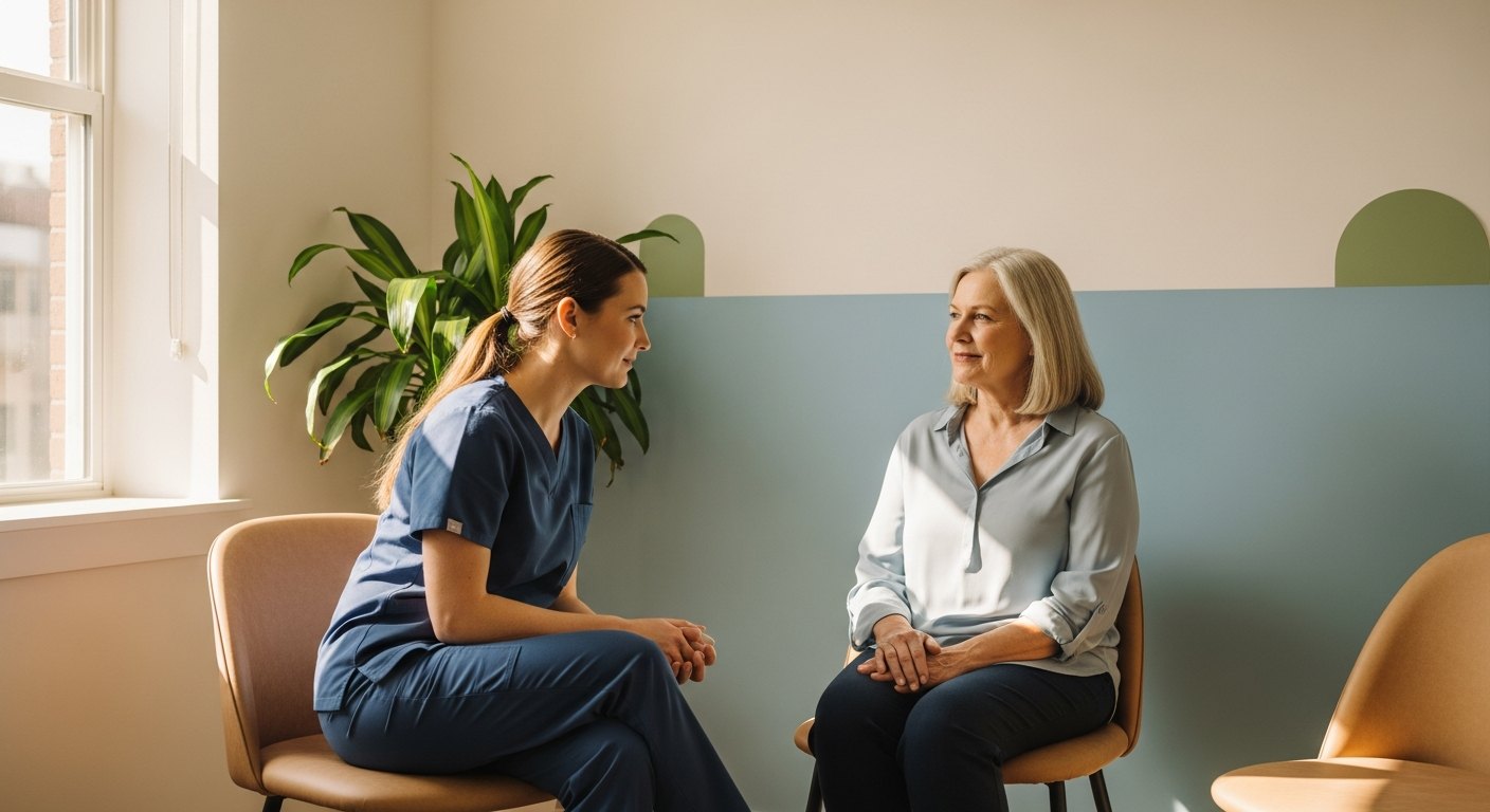 A provider listening to a patient during a psychiatric medication review in Cutler Bay, FL