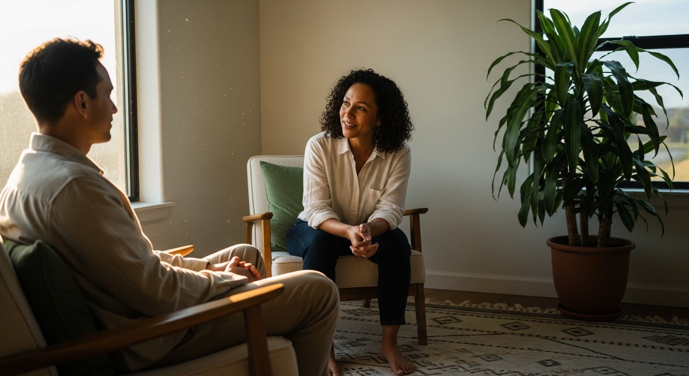 A supportive therapy session in a sunlit office